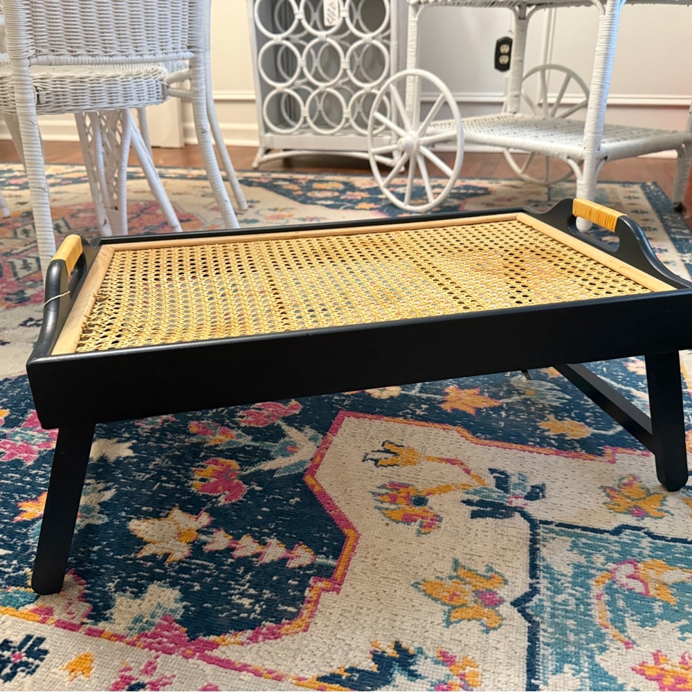 Navy and Tan Wooden Breakfast Tray Table with Caning (legs fold in)